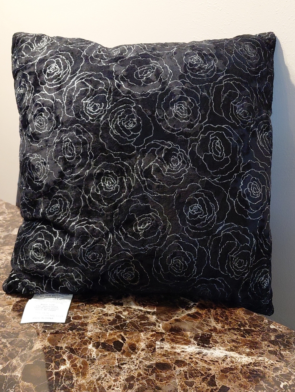 NWOT Karl Lagerfeld Paris Black Velvet & Silver Roses Decorative Throw Pillow